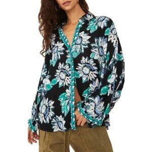 FREE PEOPLE Good Vibrations Floral Blouse Top Oversized Button Front Women Large